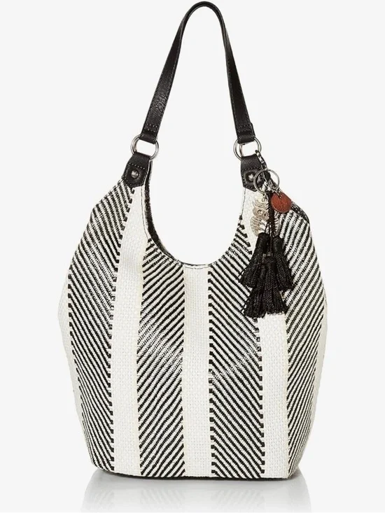 Sakroots Striped Woven Hobo Shoulder Bag in Neutral White and Black NWT