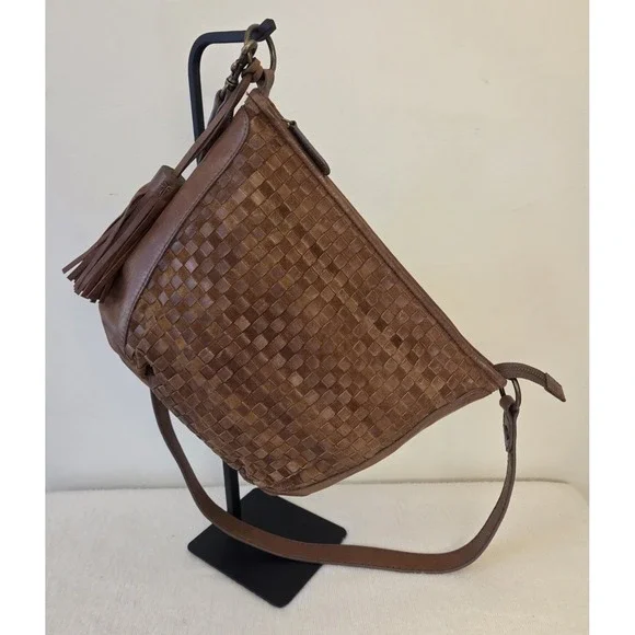Frye New Oriana Cognac Brown Woven Leather Hobo Shoulder Bag Long Tassel