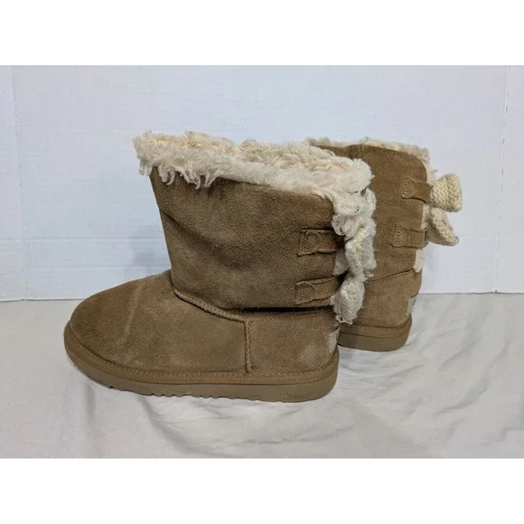 UGG Suede Boots Kids 3 Brown Bailey Knit Bow Chestnut Shearling Lined 1153640K