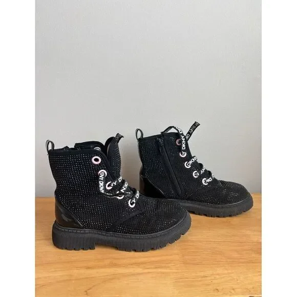 DKNY Girl’s Moto Rhinestone Boots Shoes Lace Up Black‎ Size 12