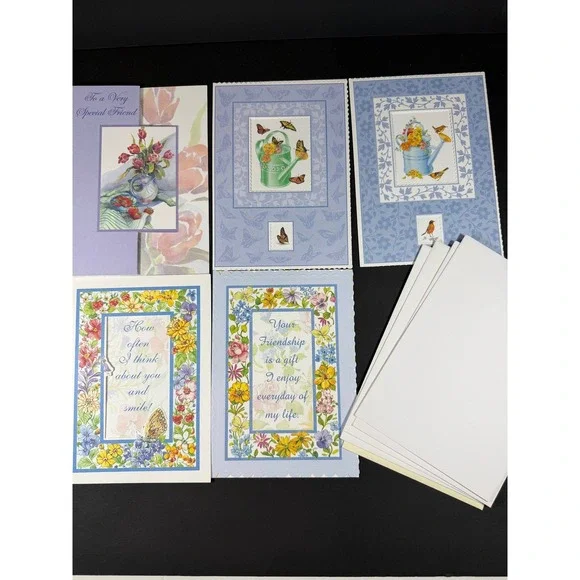 VTG PVA Friendship Greeting Cards Set 5 Blue Floral Butterfly Note Cards