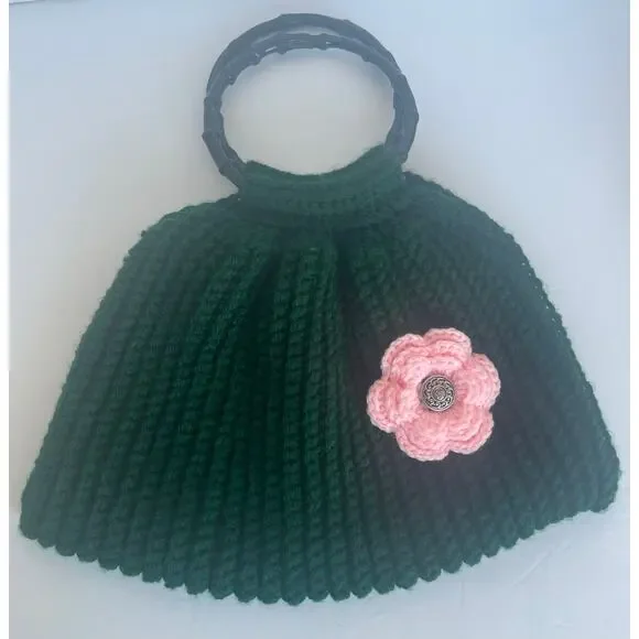 Handmade Knitted Forest Green Pink Flower Wooden Handle Tote Hobo‎ Handbag Purse