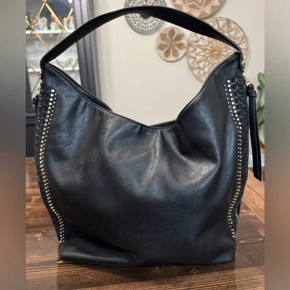 Moda Luxe Large Black Studded Vegan Leather Hobo Bag with‎ Whipstitch Trim