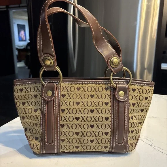 Vintage XOXO Shoulder Bag Purse Brown Canvas Studded Buckles Hobo Handbag Y2K