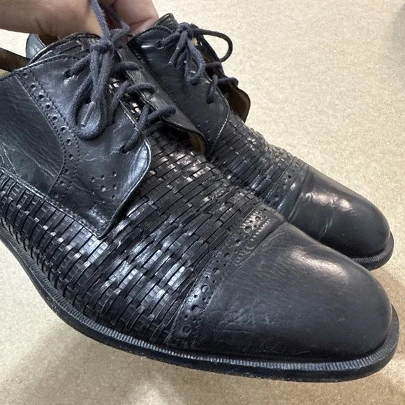 Vtg Mens 8.5 Dress Shoes Black‎ Woven Leather Cap Toe Lace Up Old Money Preppy