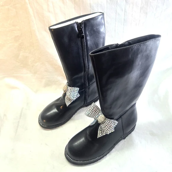 KURT GEIGER Girl's 4M Black Kensington Bow Crystal Leather Women's 5 Boots New