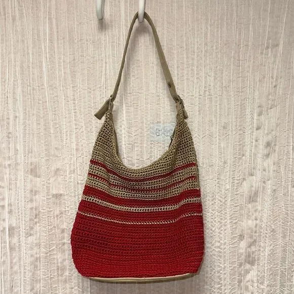 Red Tan Macrame Crochet Hobo Bag Purse
