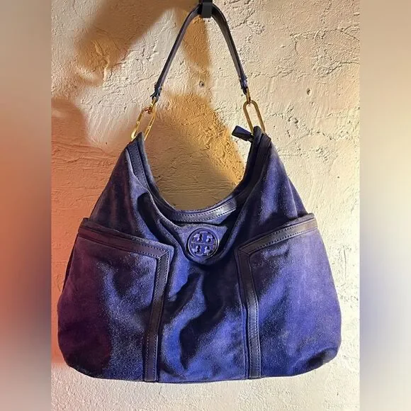 Tory Burch Suede Blue Hobo Bag leather trim gold tone hardware zip top classic