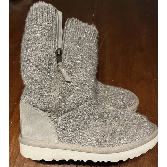 UGG Treadlite Silver Gray Sequin Knit Mid Calf Sweater Boots‎ Shoes Kids Size 12
