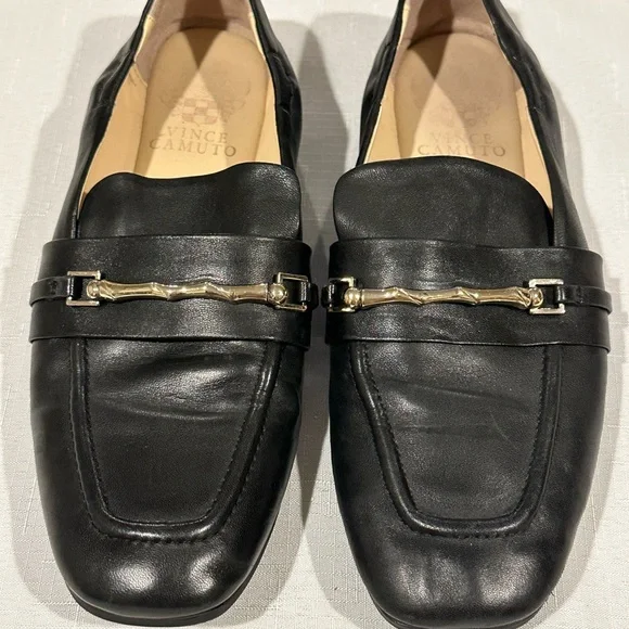 Vince Camuto Renesha Black Leather Slip-On Loafers with Gold Accents size 6.5