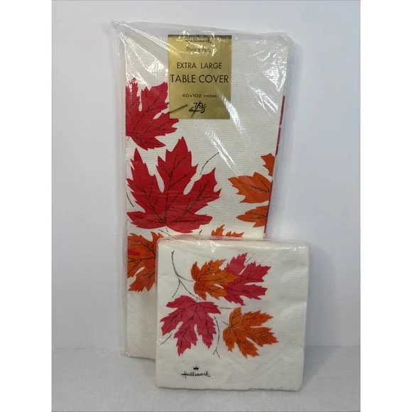VTG Hallmark Paper Autumn Leaves Table Cover And Napkins 60's Thanksgiving