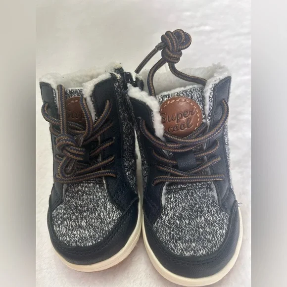 H&M Toddler Kids 2.5-3.5 Navy Blue/Brown Boots white faux fur inside side zipper