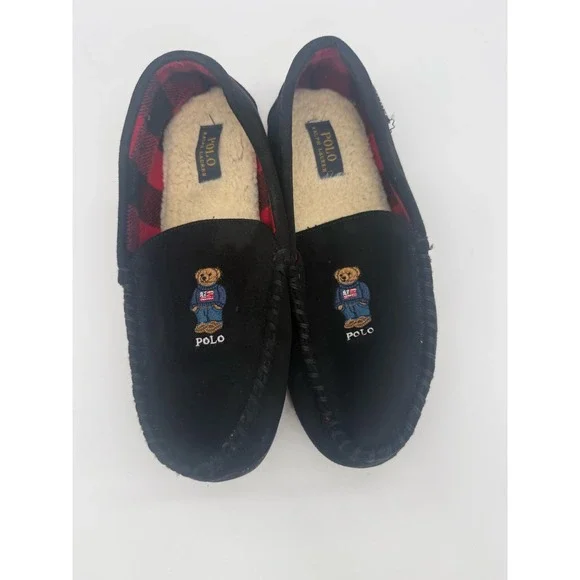 Polo Ralph Lauren Declan Bear Slippers Mens 11 Suede Moccasin Plaid Lined House