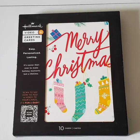 Hallmark Video Greeting Card Merrry Christmas Stockings Box of 10 Easy New