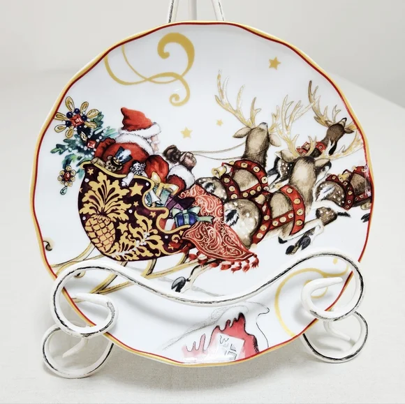Williams‎ Sonoma Twas The Night Before Christmas Plate Santa Holiday Gold Red 8