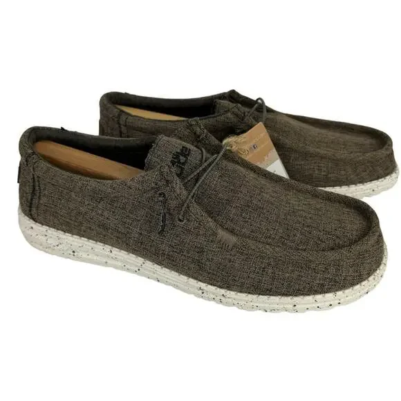 New Hey Dude Men's 14 Wally Eco Linen Loafers Slip On Shoes Dark Brown Natural