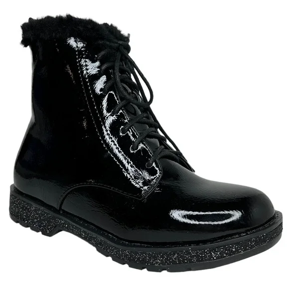 Mia Youth Girls Fashion‎ Boot Size 2Y Black Glitter Accent Faux Fur Trim Lace up