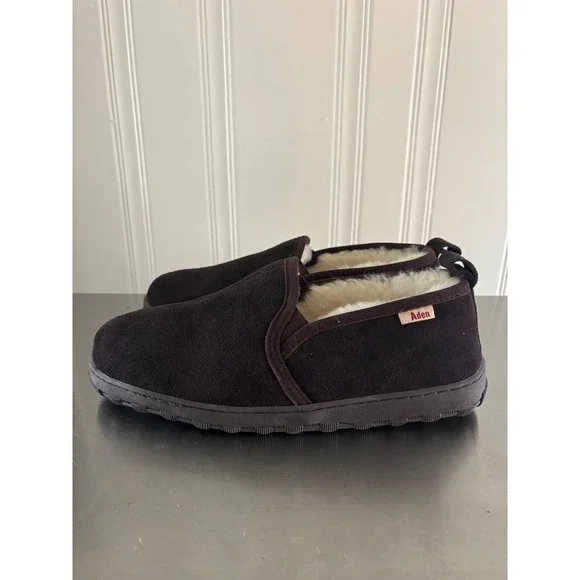 Aden Mens Suede Slippers Dark Brown Lambskin Lined House Shoes Size 10