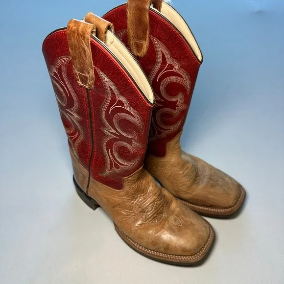 Cody James Cowboy Boots Kids 4D Red Brown Leather Square Toe Western Embroidered