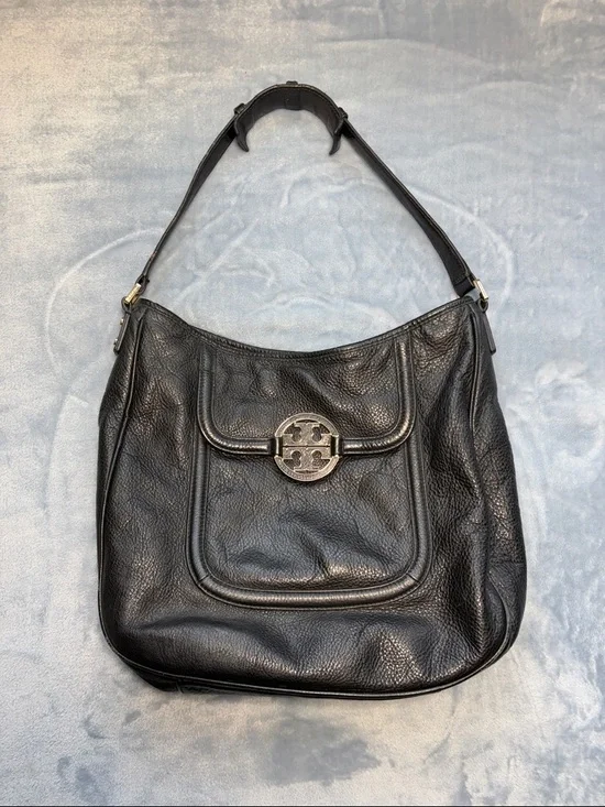 Tory Burch Black Leather Shoulder Hobo Bag with Signature Medallion