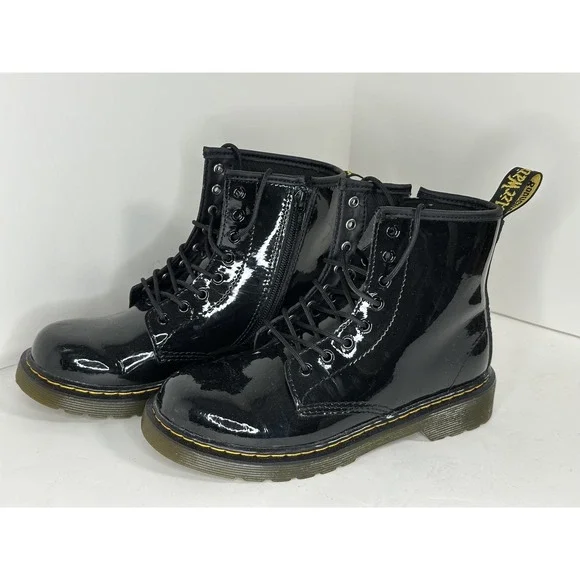 Dr. Martens Combat Boots Youth Kids Sz 3 Black Patent‎ Leather Lace Zip 1460J