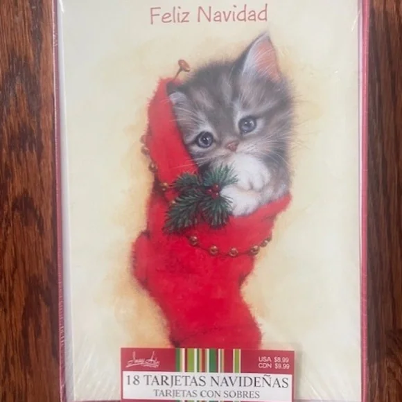 Image Arts Holiday Christmas Greeting 18 Cards FELIZ NAVIDAD Cat in Stocking NEW
