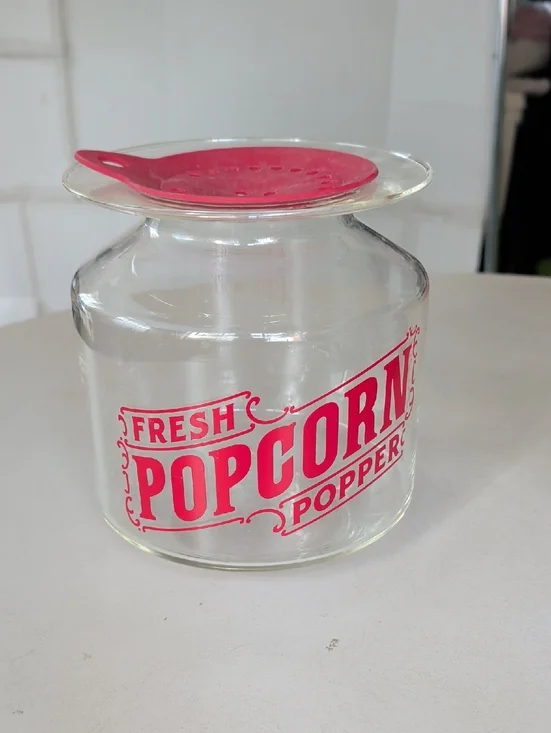 Williams Sonoma Fresh Popcorn Popper Clear Glass Jar with Red Graphic