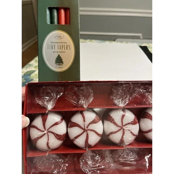 Williams Sonoma Floating Peppermint Candy Candles 5pc & 10” Tiny Tapers 12pc