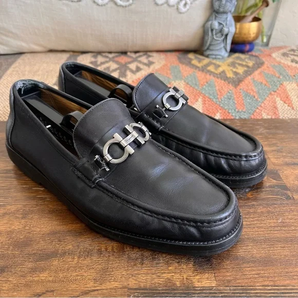 Salvatore Ferragamo DAVID Black Claf Leather Loafers 7.5 EEE US8.5 Wide