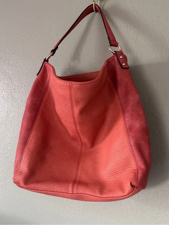 MODA LUXE Coral Red Pebbled Leather & Suede Slouchy Hobo Bag NWOT