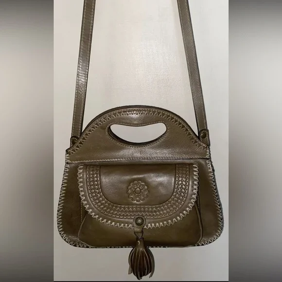 Patricia Nash Sage Green Distressed Leather Stitch Trim Detach Strap Hobo Bag
