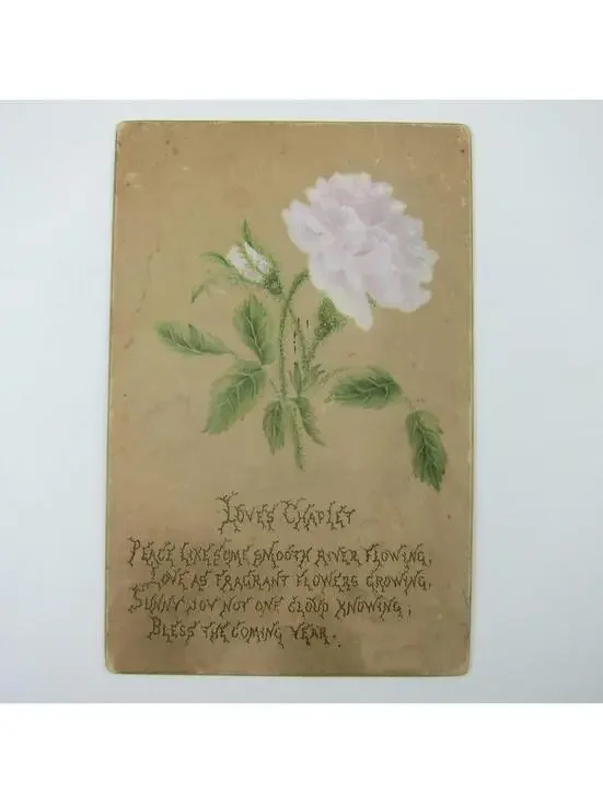 Victorian Greeting Card Peony Flowers Loves Chaplet Poem Bless the Year Antique