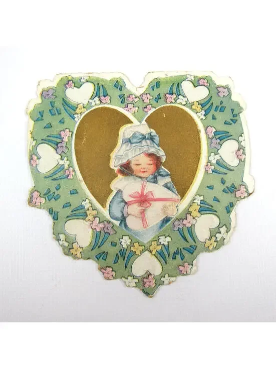 Vintage Valentine Card Die cut Girl Blue Dress & Bonnet Hat Hearts Flowers Gold