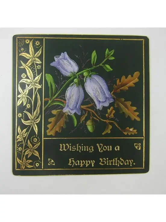 Victorian Birthday Greeting Card Floral Blue Bellflowers Gold Embossed Antique