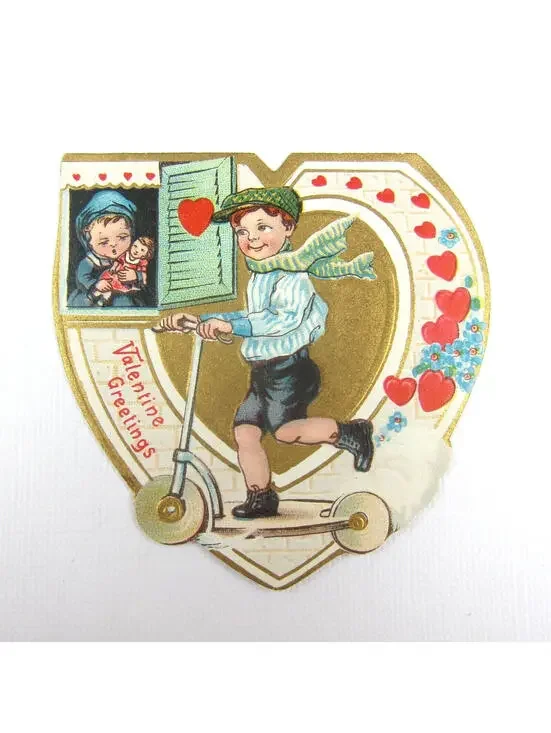 Vintage Valentine Card Die cut Boy Scooter Girl & Doll Window Red Gold UNSIGNED