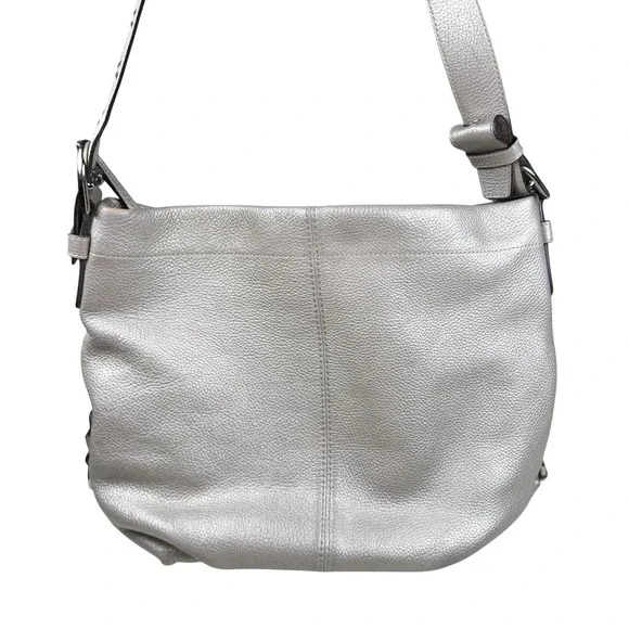 Coach Metallic Silver Peebled Leather Hobo Duffle Crossbody Shoulder‎ Bag F15064