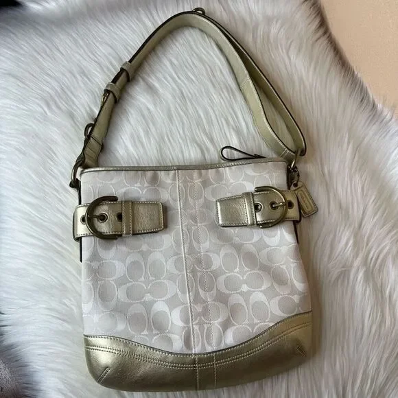 Coach Signature Hobo Shoulder Bag Cream/Off-White w/Gold Leather Trim/Accents