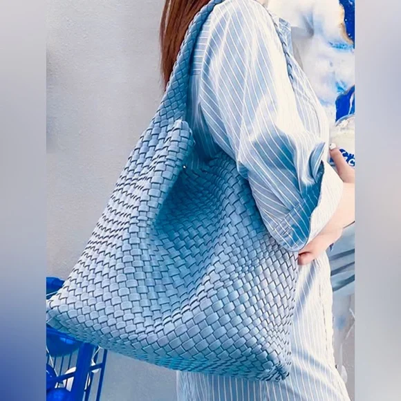 Woven Boho Tote Bag Vegan Leather Light‎ Blue New Oversized Bag purse E-NYC Hobo