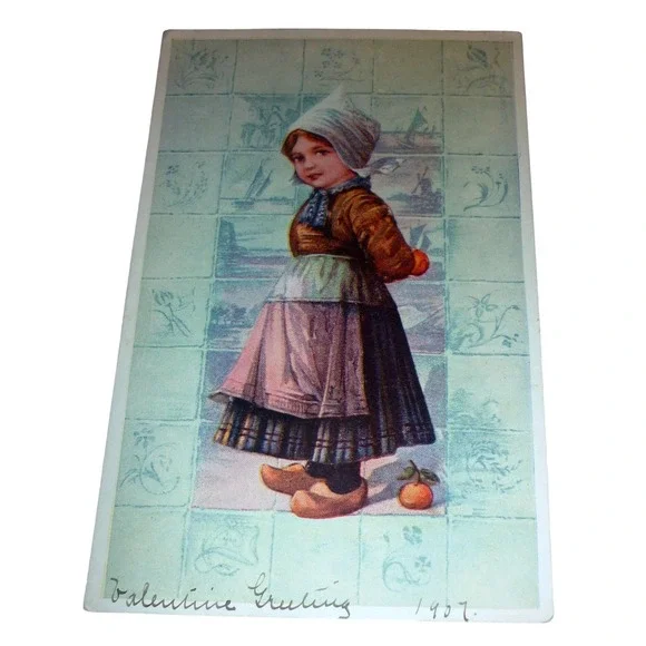 Vintage 1907 Valentine Greeting Postcard‎ Dutch Girl Undivided Back Reading PA