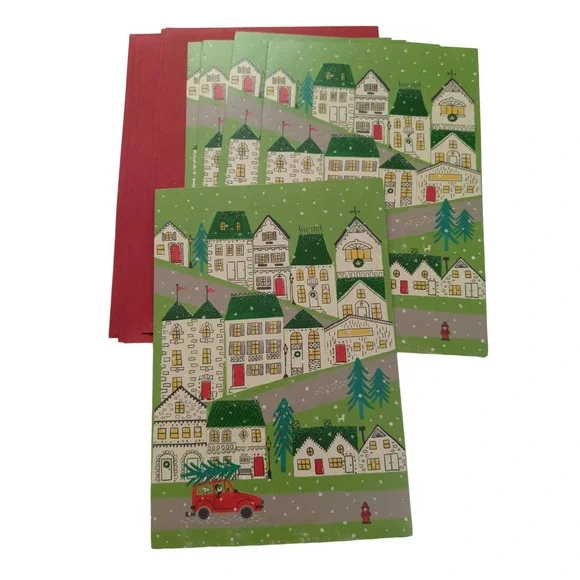 GWP 5 new hallmark christmas card buildings houses car dog textured cute