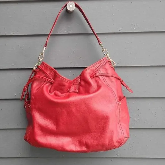Cole Haan Red Leather Large Side Pull Drawstring Hobo Bag NWOT!