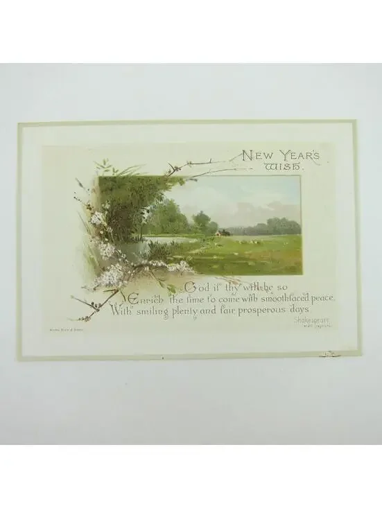Victorian Greeting Card New Years Wirths Bros & Owen Cabin Field Flowers Antique