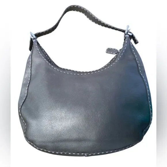 FENDI Midnight Navy Blue Selleria Leather Contrast White Top Stitching Hobo Bag