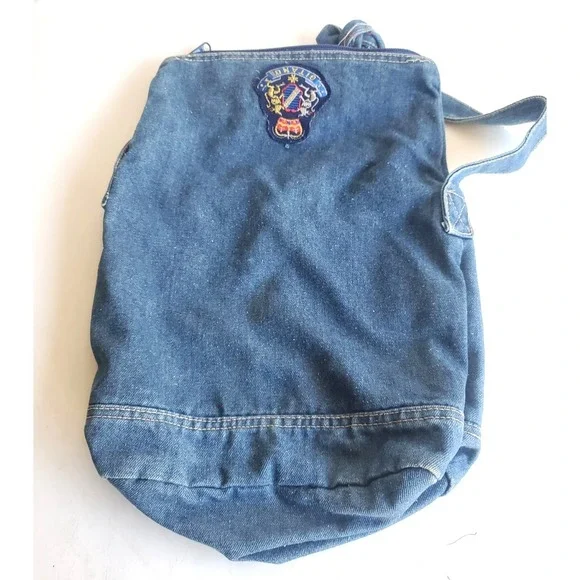 Vintage 90s Gitano Denim Shoulder Bag Crest Patch Drawstring Large Y2K Boho Hipp