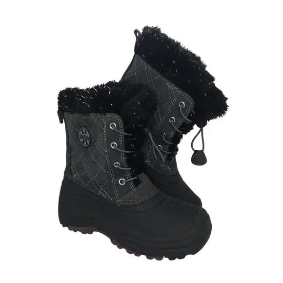 Totes Girls Pre-owned Black/Gray Waterproof Faux Fur Lined Winter Boots - sz. 4
