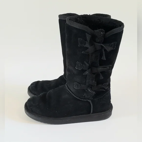 Ugg Koolaburra Victoria Tall Kid's Black Suede Triple Bow Boots Size 2