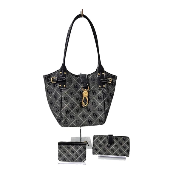 DOONEY & BOURKE Signature Canvas/Leather 3pc Combo Hobo, Wallet & Coin Purse.