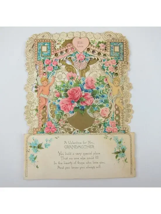 Vintage Valentine Card 3D Pop Up Die Cut Blonde Boy Angels Pink Blue Flower Gold