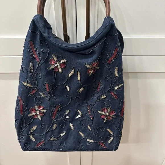 Floral Embellished Denim Hobo Bag 21” from top of handle to bottom
