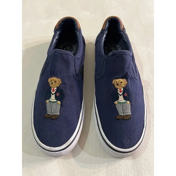 Polo Ralph Lauren Thompson III Navy Canvas Polo Bear Slip On Sneakers 8.5D